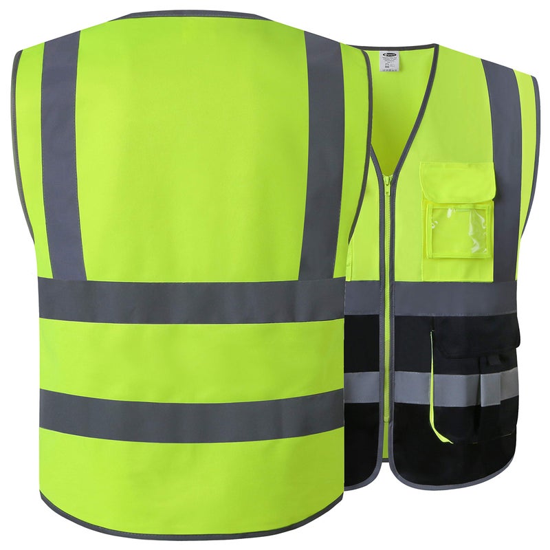 JKSafety 7 Pockets High Visibility Zipper Front Safety Vest With Reflective Strips.Meets ANSI/ISEA Standards (130-Yellow-Black XL) - Image 2